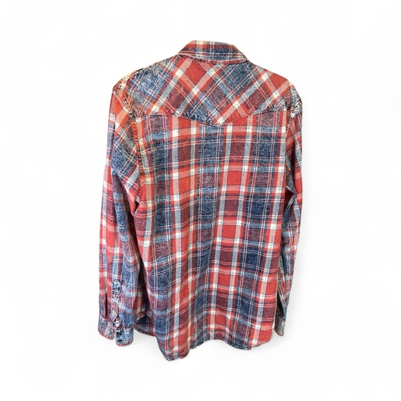 🔥 Lucky Brand Plaid Flannel Shirt Red Blue Snap Western Medium - Picture 6 of 7